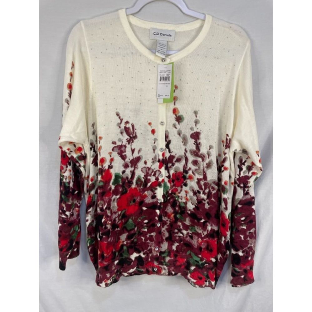 C D Daniels 1X NWT LS Burgundy Combo Button Front Floral Cardigan Rhinestones